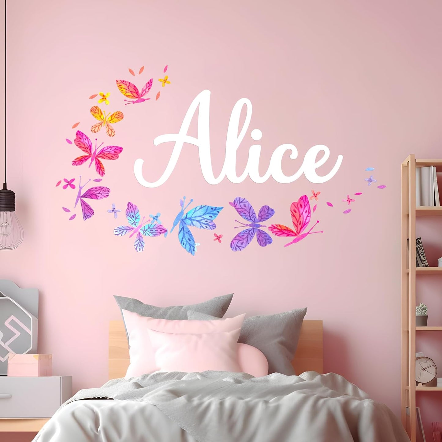 Personalized Name Wall Decals for Girls Bedroom - Butterfly Pink Room Decor with Rainbow Options - Multiple Sizes