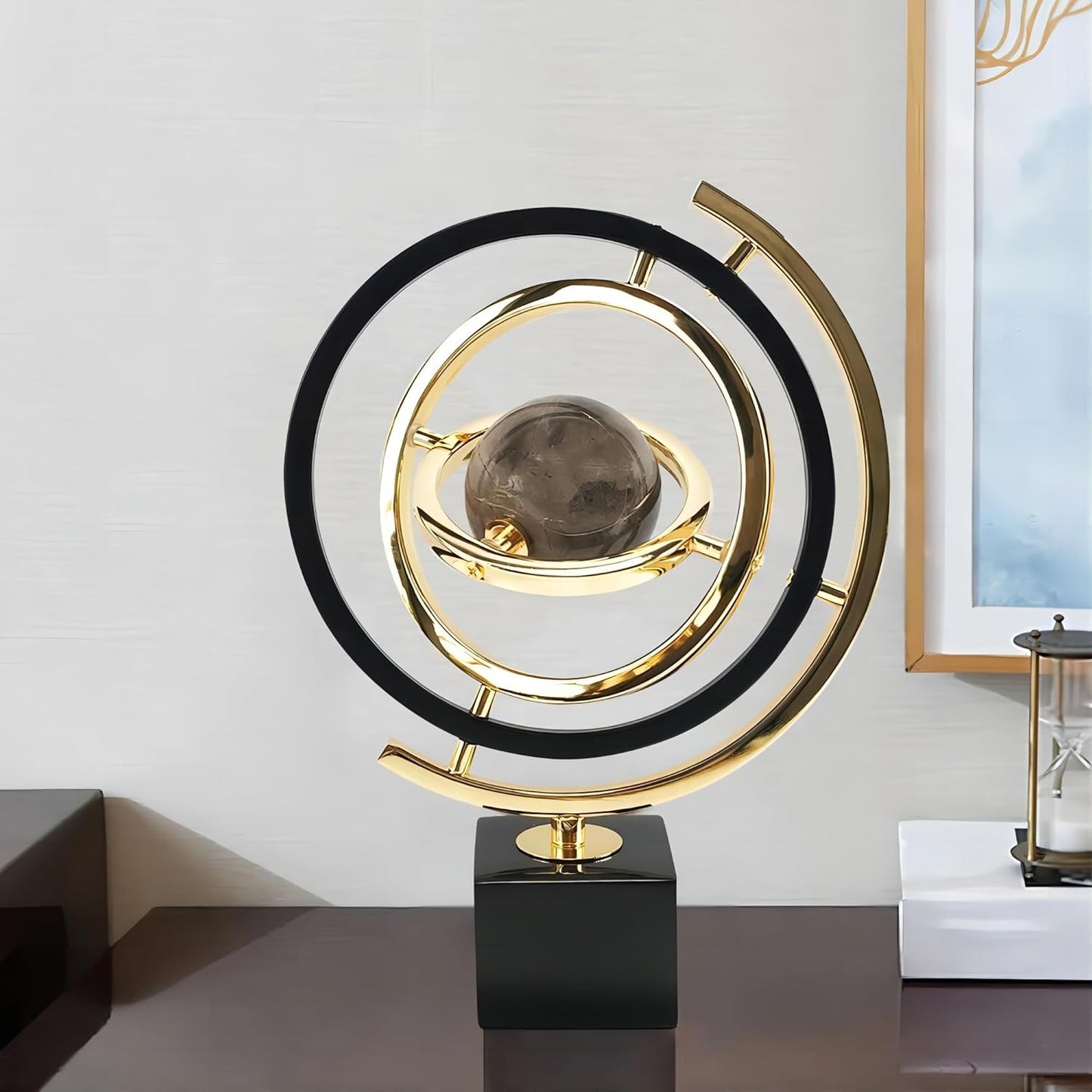 homary Modern Sculpture Decor Abstract Art Decoration Metal Globe Ornament Living Room Decor with Rectangle Stand Black & Gold