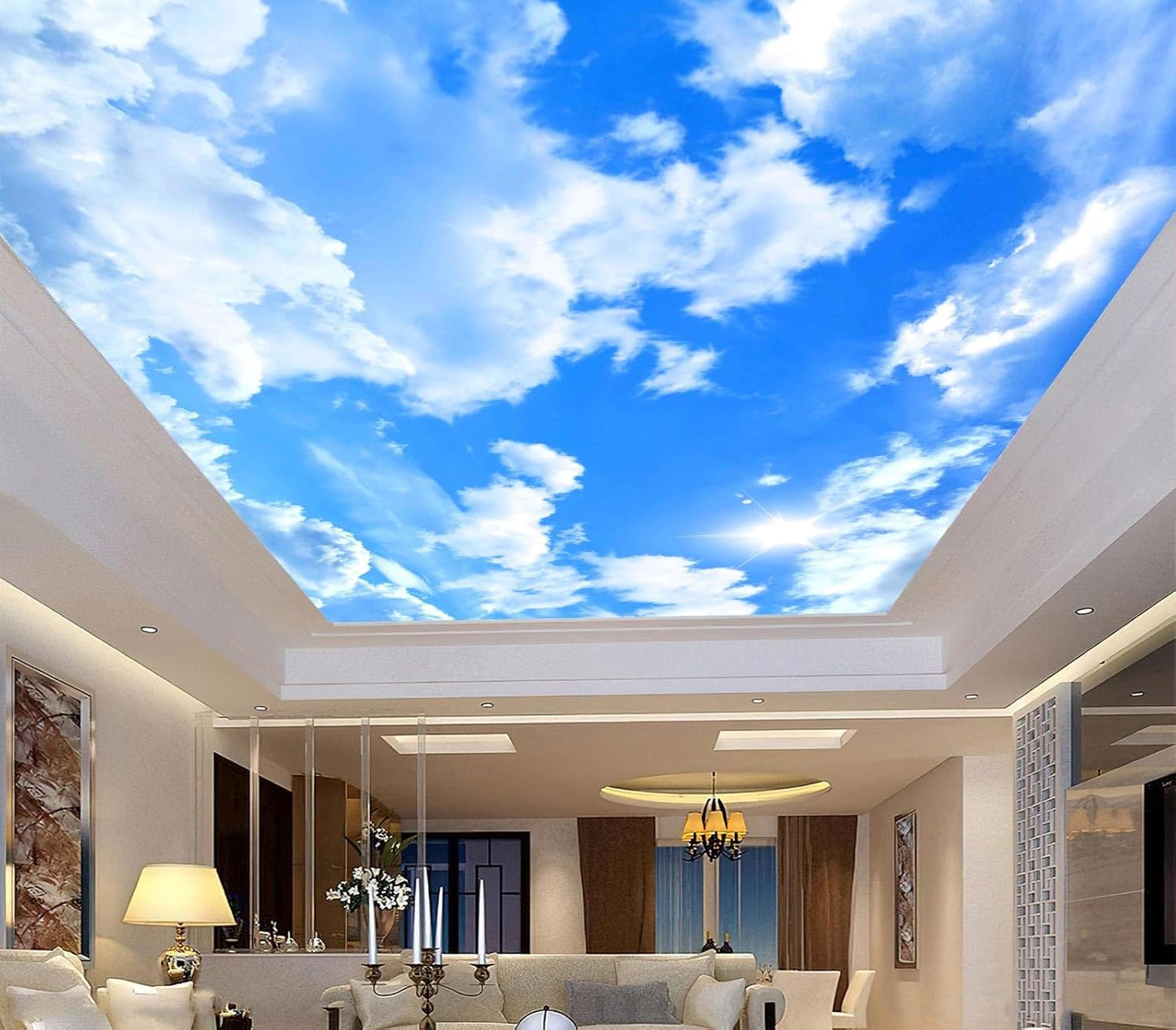 Blue Sky and White Clouds Suspended Ceiling Wall Mural Wallpaper for Bedroom 137" x 100"