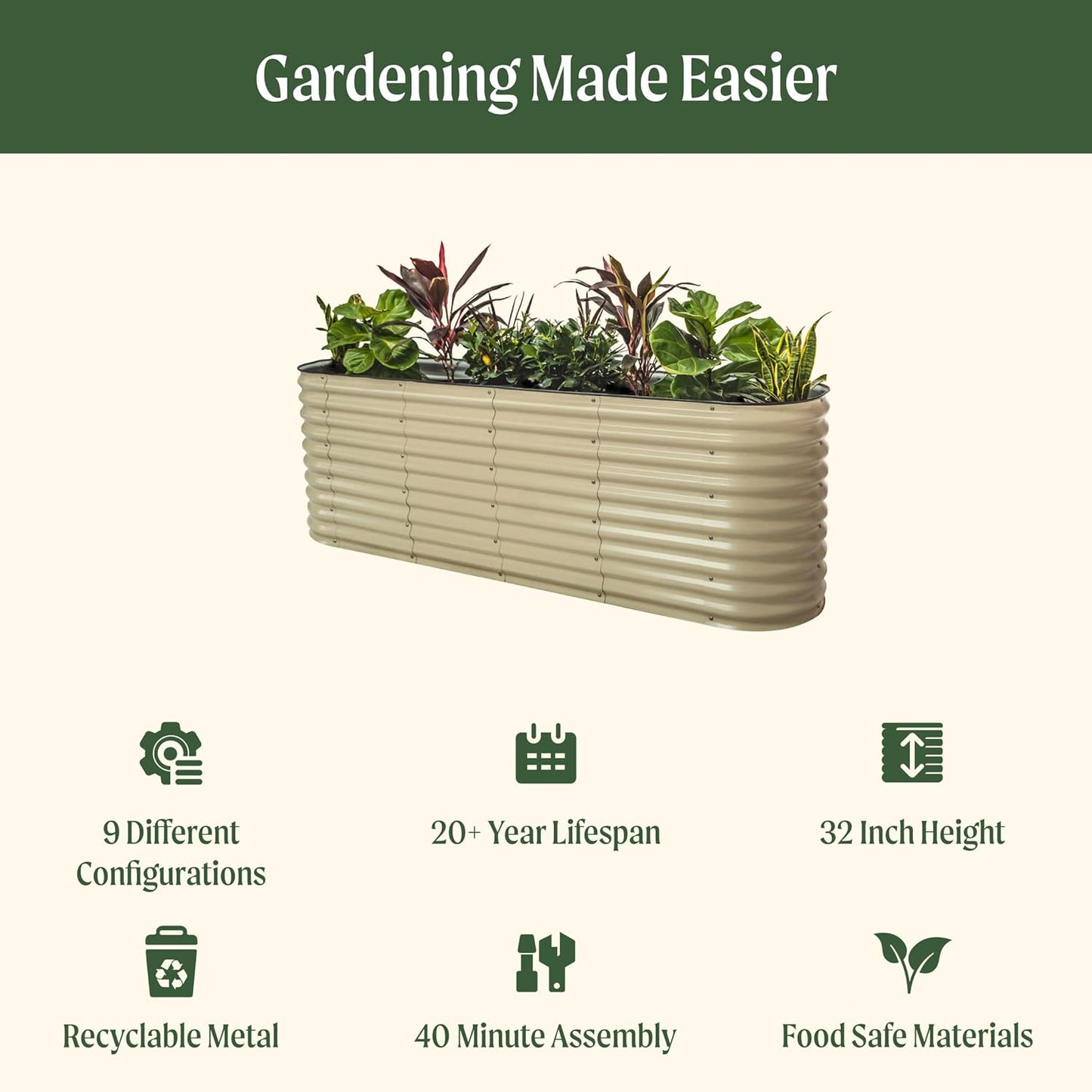 Vego garden 32" Extra Tall Raised Garden Bed Kits, 9 in 1 Modular Raised Planter Box for Vegetables Flowers Fruits Oval Metal Raised Garden-Modern Gray