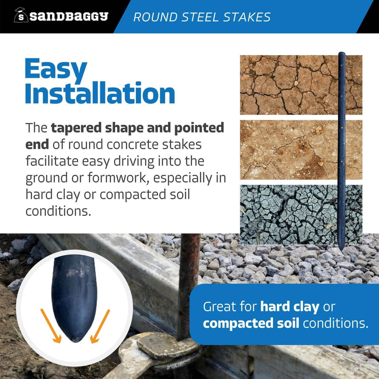 Sandbaggy Round Steel Concrete Form Stakes with Nail Holes - Rust Resistant Coating - Removable, Reusable (10, 3/4 in X 18 in)