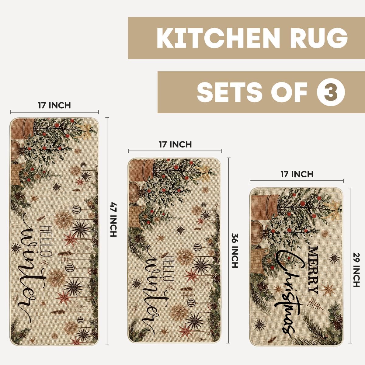 Artoid Mode Holly Ornament Merry Christmas Kitchen Mats Set of 2, Winter Home Decor Low-Profile Kitchen Rugs for Floor - 17"x29"+17"x36"+17"x47"