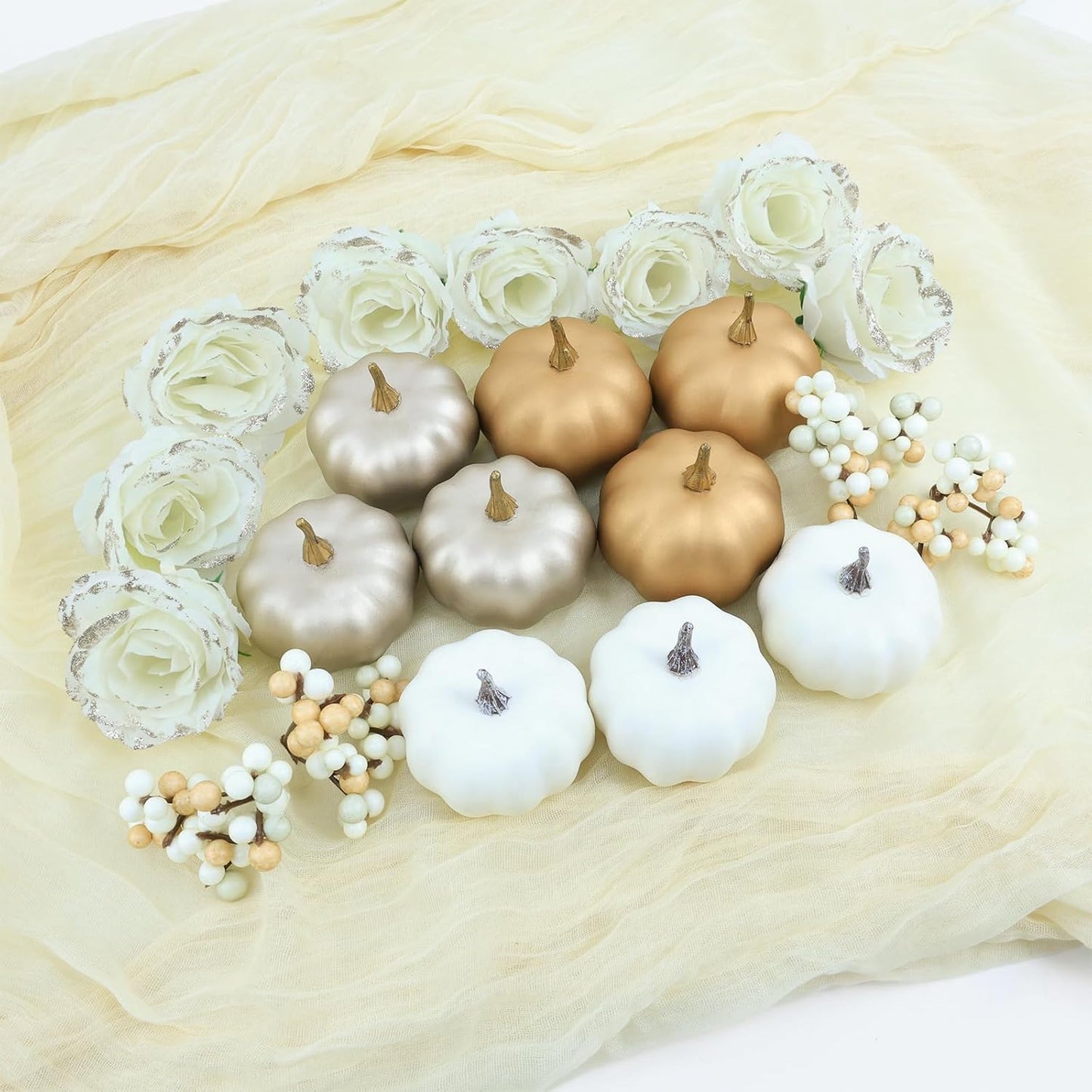 Fake Pumpkins, 21 Pcs White Artificial Pumpkins, Plastic Pumpkin Berries Rose Artificial Flowers Fall Decoration Kit for Thanksgiving Table Decoration