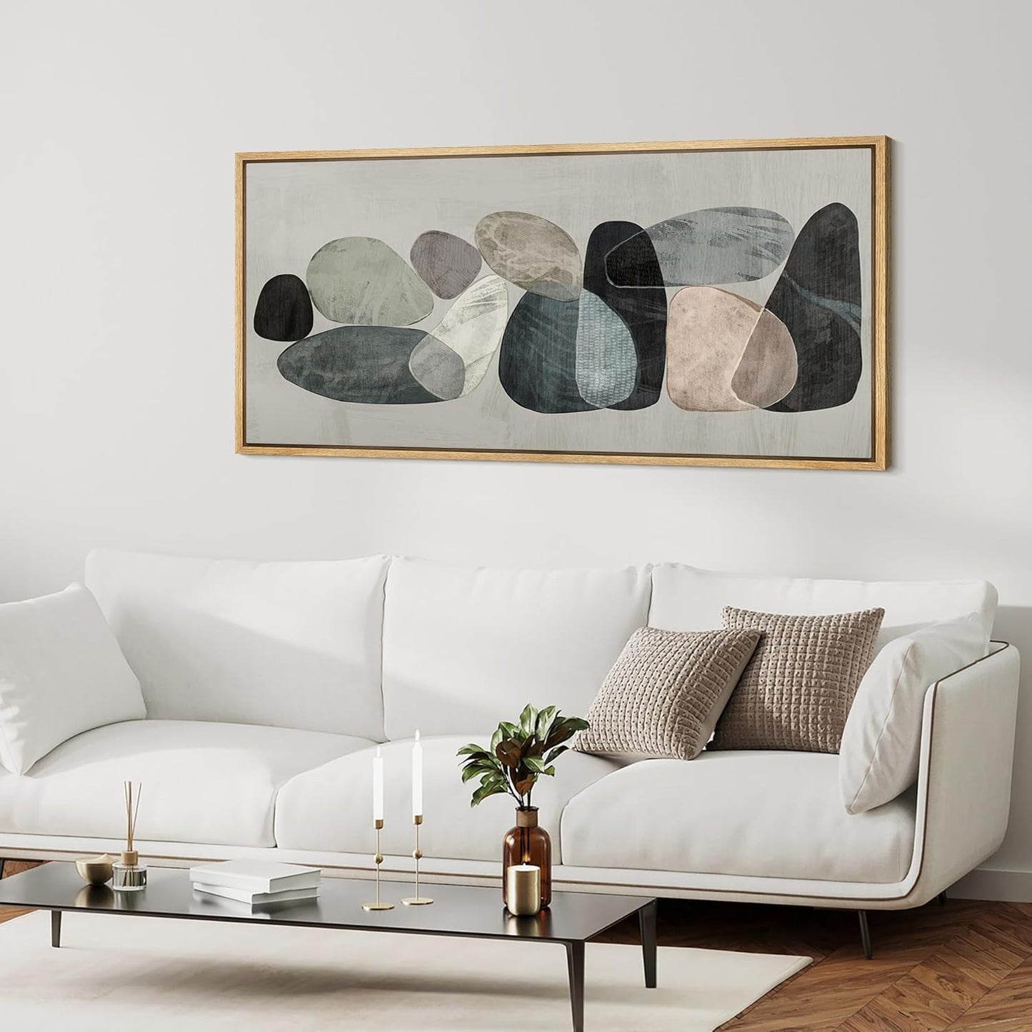 MUDECOR Extra Large Framed Canvas Print Wall Art Abstract Elegance Contemporary Stone Shapes Illustrations Antique Retro Fine Art Illustrations Decorative Colorful for Bedroom - 60"x30"