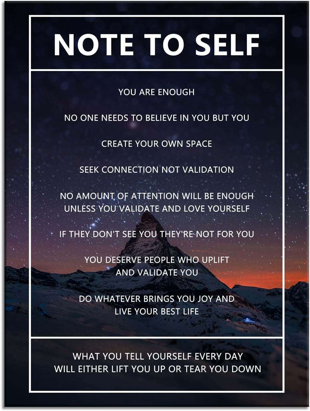 Note to Self Motivational Canvas Wall Art Snow Mountain Starry Sky Inspirational Poster Inspiring Canvas Painting Prints Wall Pictures for Home Decor Living Room Office Framed Artwork [18''W x 24''H]