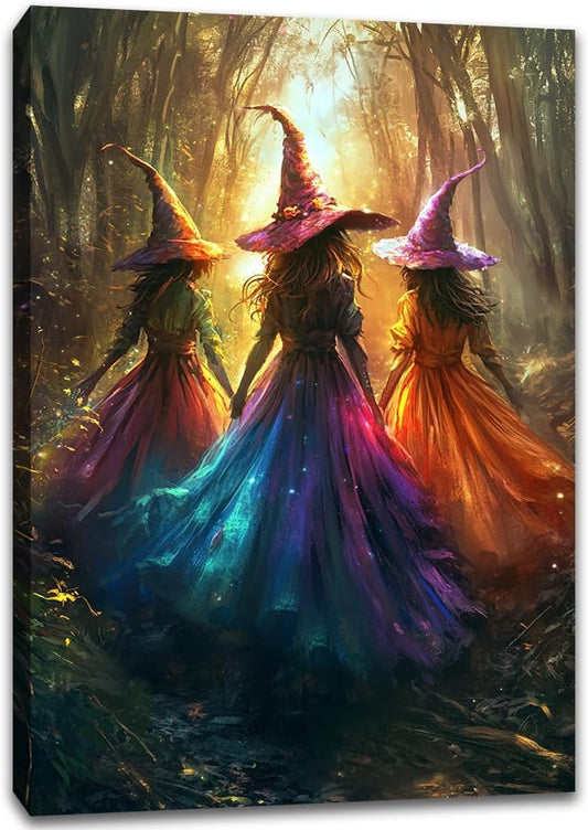 Halloween Room Decor Wall Art Colorful Witch Prints,Vintage Three Colorful Witches in Forest Halloween Posters,Fall Fantasy Aesthetic Pictures Playful Art Wall Decor for Bedroom,24"x36" Framed