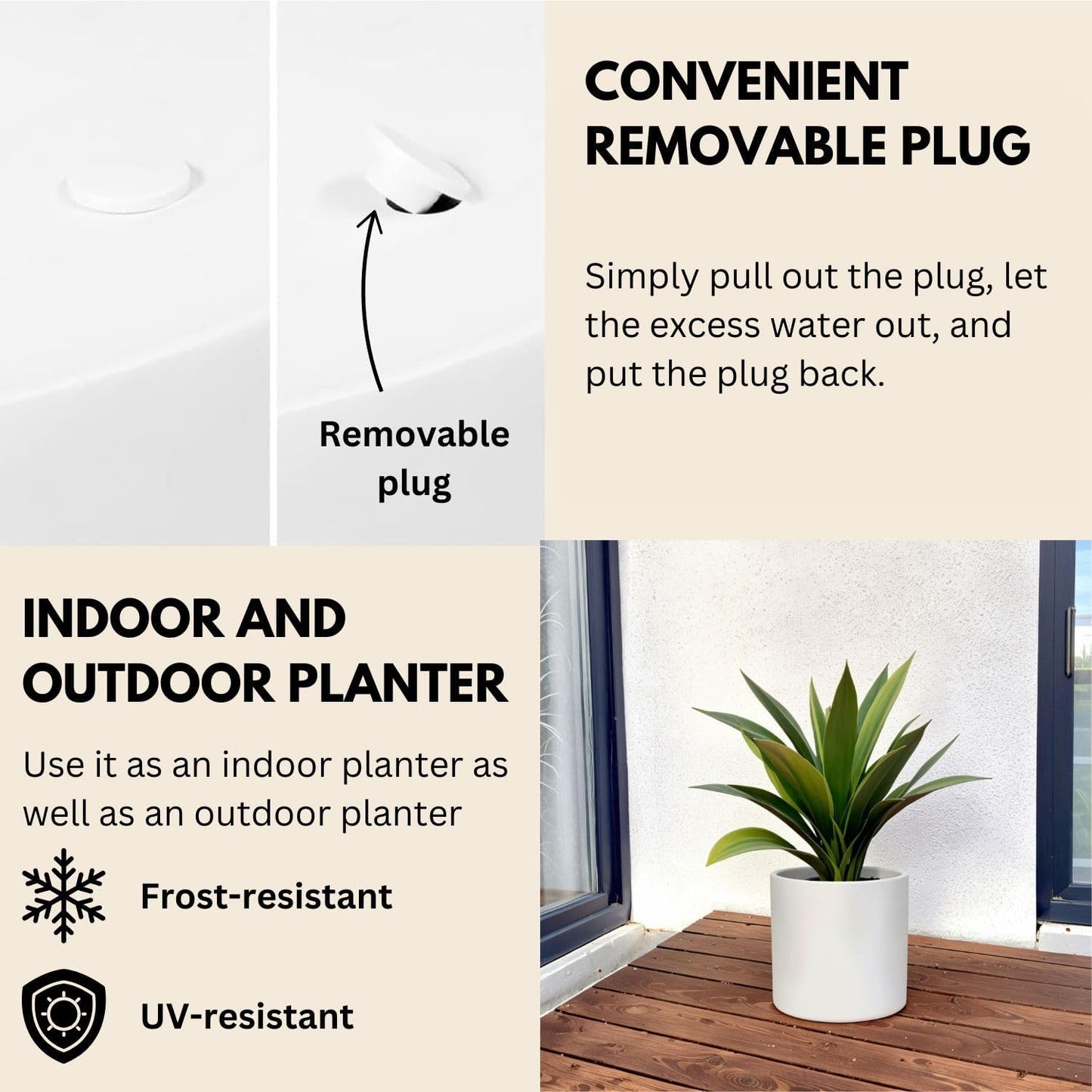 Fox & Fern Matte White Plant Pots with Drainage Plug (Set of 3) — Premium Lightweight Fiberstone 8, 10, and 12 Inch Planters for Indoor and Outdoor Use; Weather Resistant & UV Resistant