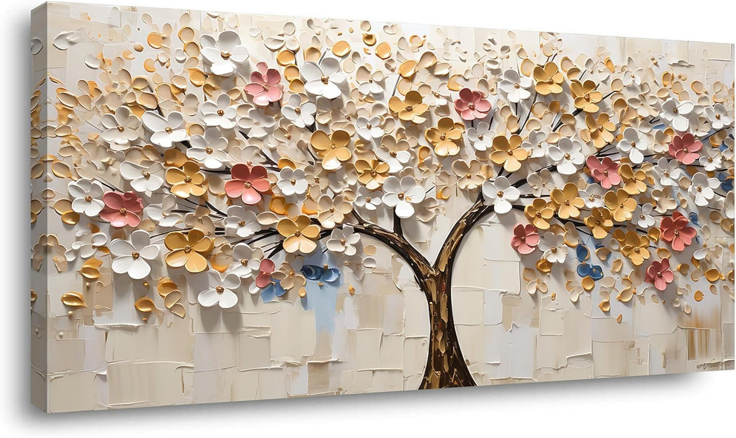 LASMOND 2D Flat White Spring Large Tree of Life Wall Art Office Decor Living Room Modern Painting Prints Pictures Abstract Floral Flower Nature Canvas Large Landscape Artwork (28x58 Inches)