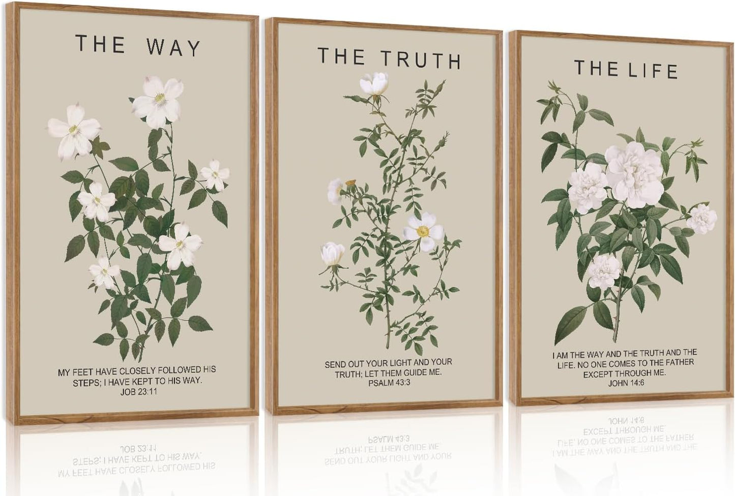 Aurlan The Way The Truth The Life Bible Verse Framed Wall Art(16"x24"), 3PCS Boho Christian Scripture Canvas Artwork, Large Floral Botanical Job 23:11 Psalm 43:3 John 14:6 Decor for Home Bedroom