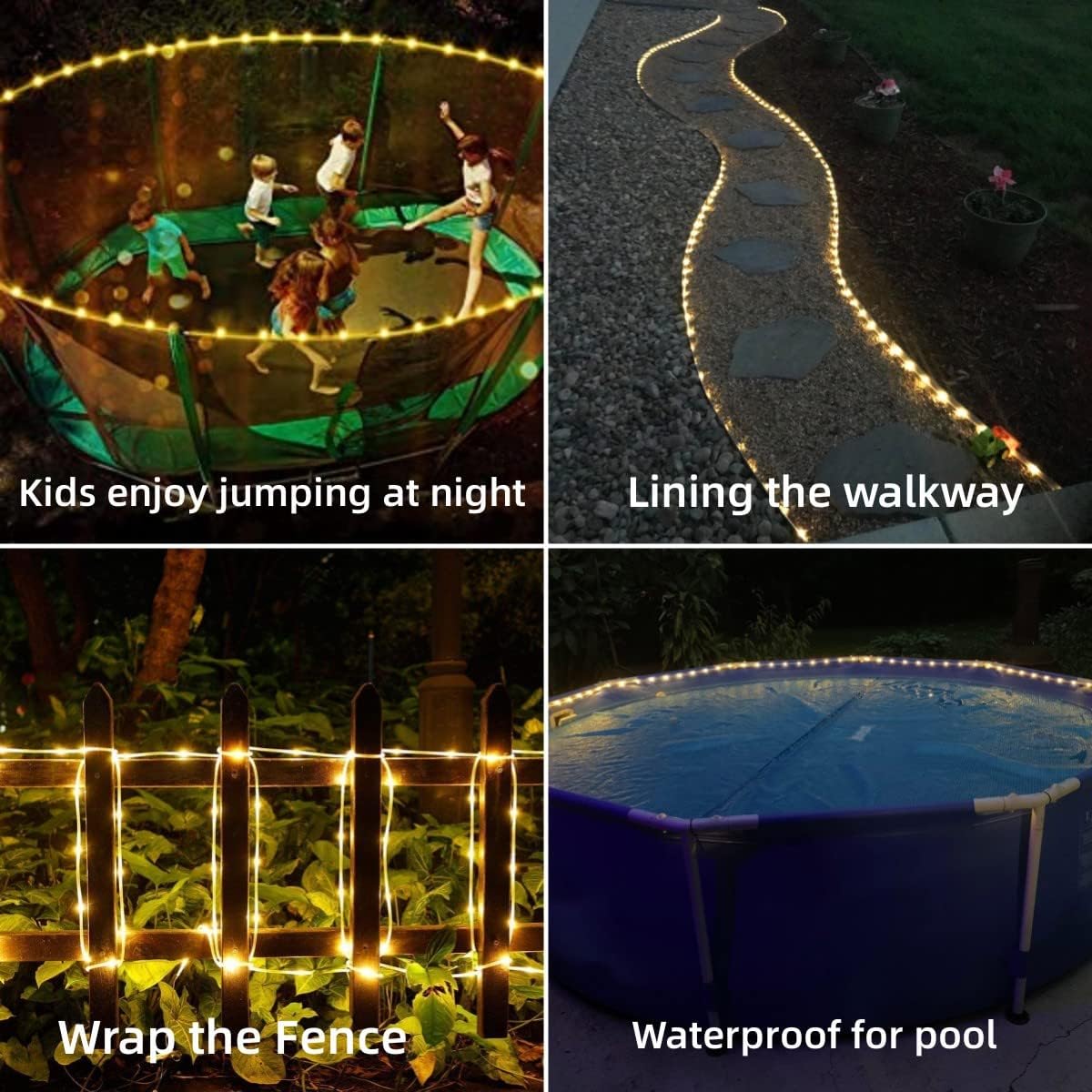 YEGUO 2 Packs Each 33ft 100 LED Solar Rope Lights Outdoor Waterproof, Warm White String Lights for Outside, 8 Modes Fairy Lights in Clear Thin Tube for Camping Fence Patio Garden Trampoline Deck