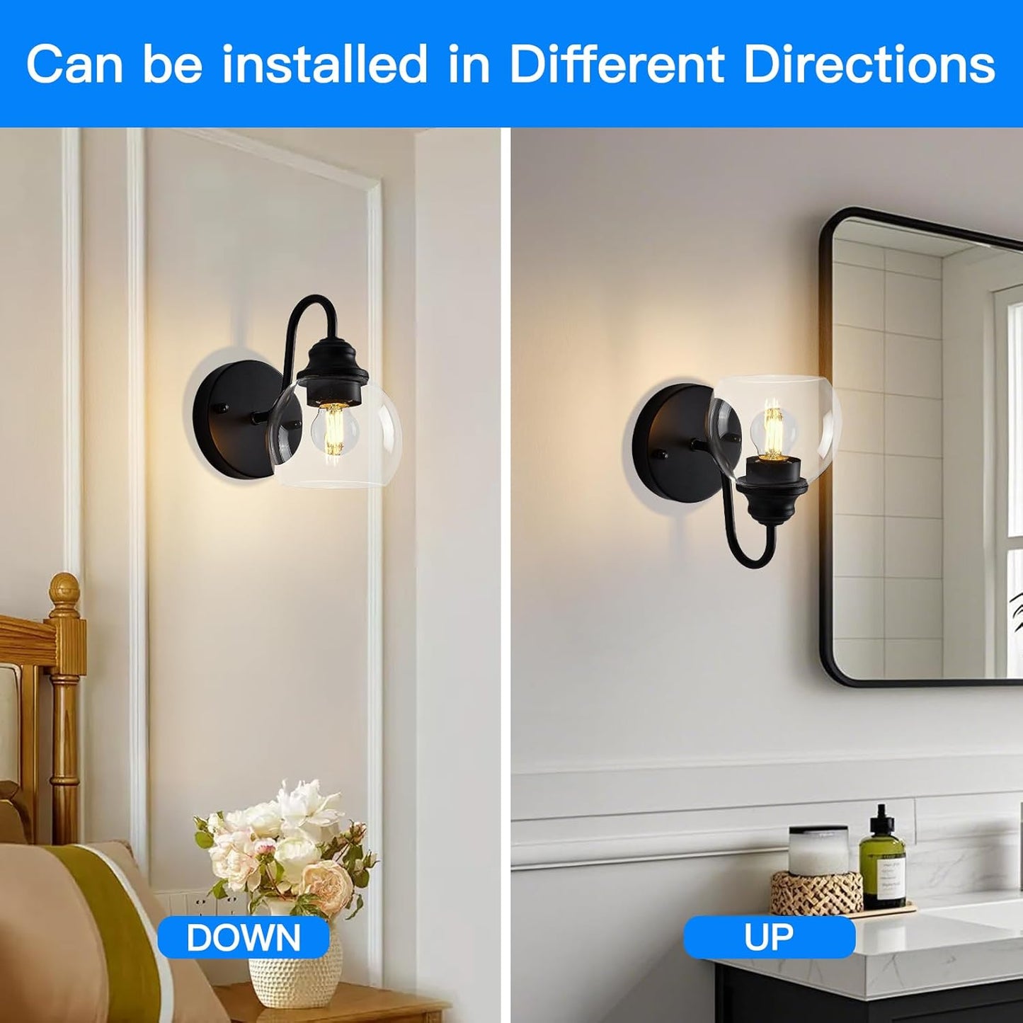 Farmhouse Gooseneck Wall Sconces Set of Two, Bathroom Vintage Black Vanity Light, Rustic Indoor Wall Light Fixtures with Clear Glass for Bathroom Beside Mirror Living Room Hallway