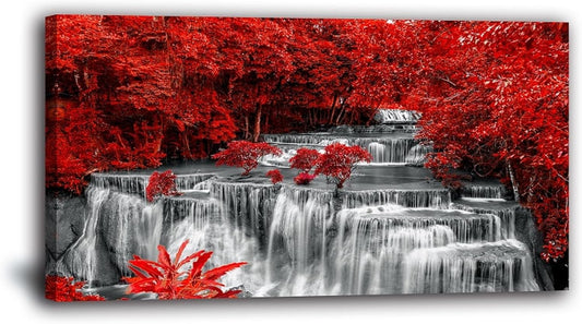 Yxbhhym Black White and Red Waterfall Canvas Wall Art- Red Tree Prints Landscape Posters Framed Picture - Nature Forest Scenery Paintings for Living Room Bedroom Home Office Wall Decor- Large