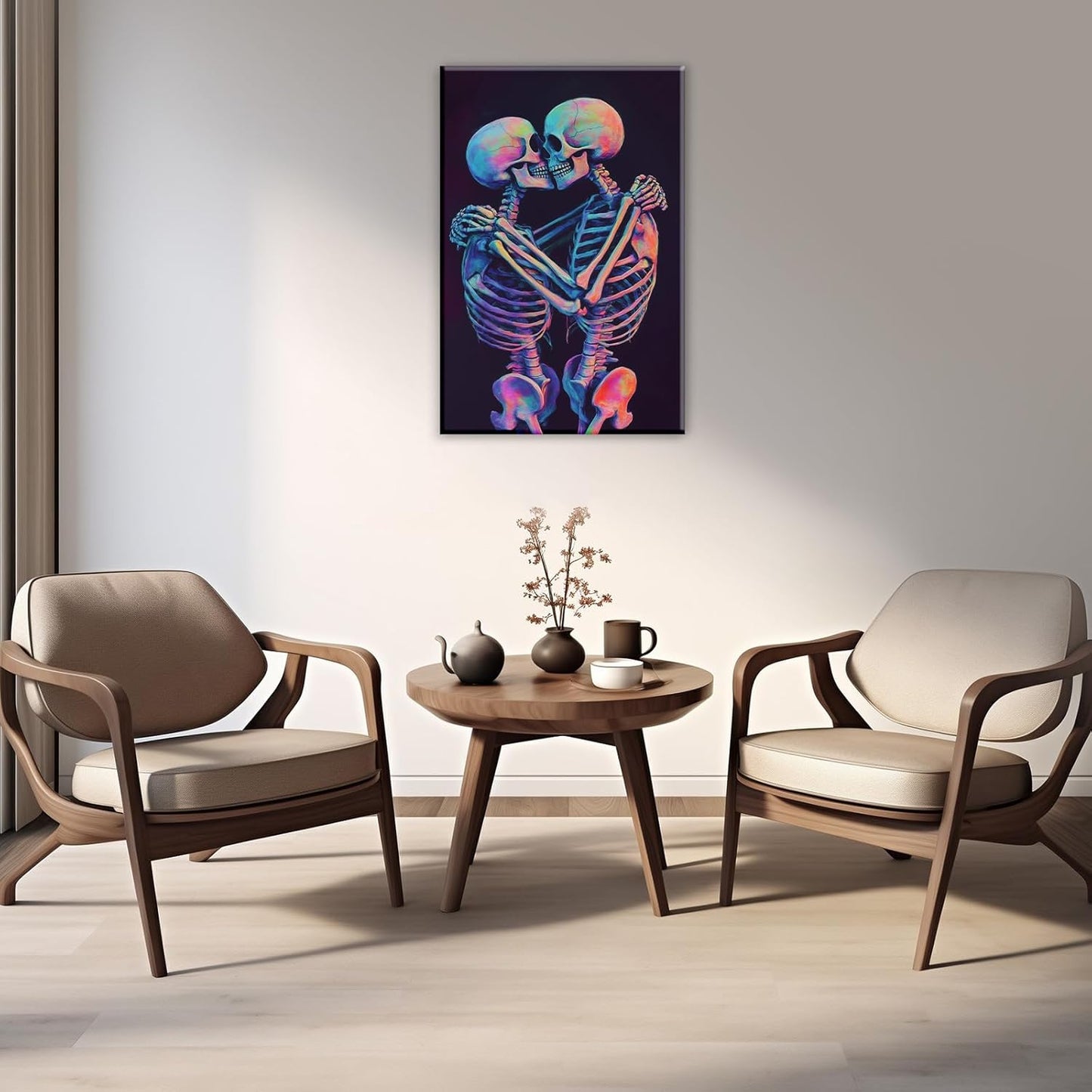 Skeleton Wall Art Kissing Skull Art Poster Skeleton Lover Picture Print On Canvas Abstract Horrible Theme Painting Framed Artwork Living Room Decor(Artwork-3,16"x24")