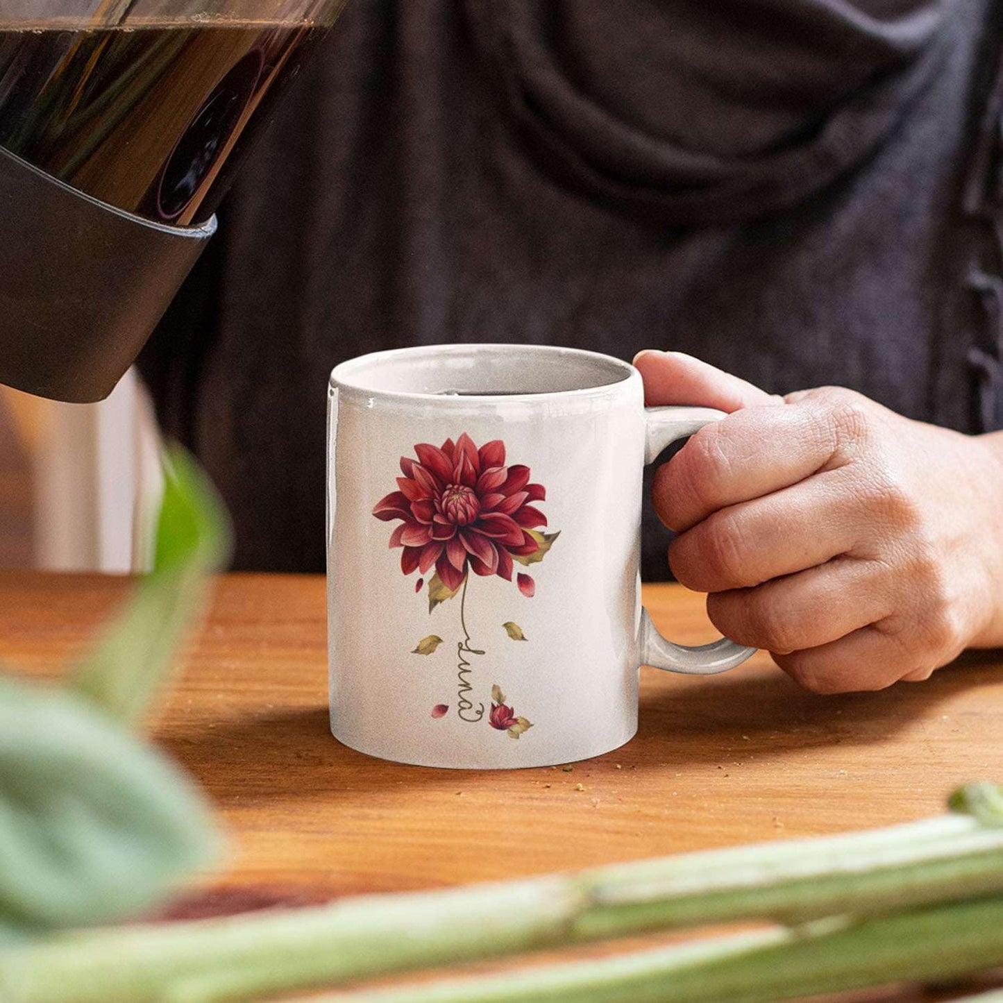 Dahlia Flower Design Coffee Mug, Personalized Name On Red Floral Cup, Custom Ceramic Mug For Flower Lovers, Customized Dahlia Accent Cup 11oz Or 15oz, Floral Decorative Mug Gift