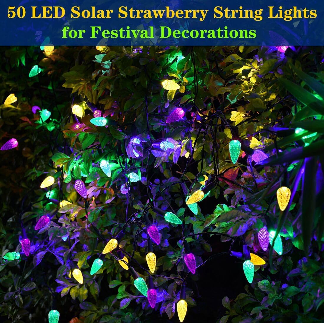 Solar Halloween Lights Christmas Lights C6 Strawberry String Lights Mardi Gras String Lights, 50 LED 8 Modes Waterproof Outdoor Use for Mardi Gras Christmas Tree Camping Balcony Halloween Party Decor