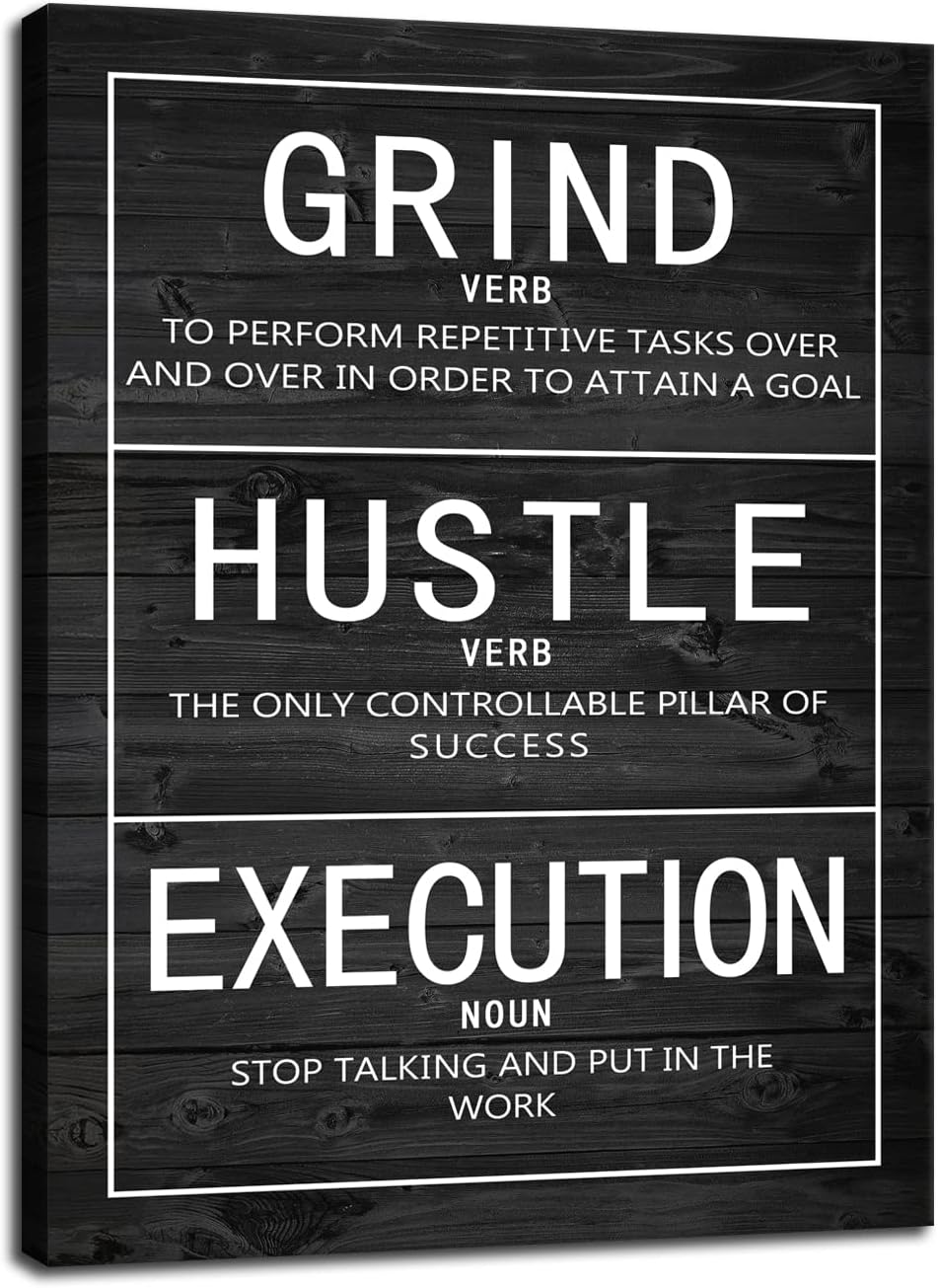 Motivational Canvas Painting Wall Art Grind Verb Hustle Verb Execution Noun Inspirational Poster Prints Artwork Pictures for Home Decor Office Framed Ready to Hang [18''W x 24''H]