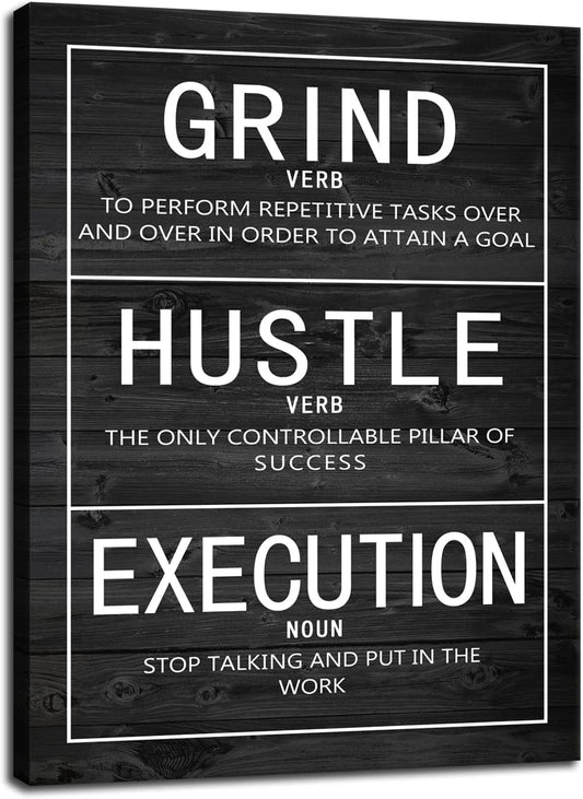 Motivational Canvas Painting Wall Art Grind Verb Hustle Verb Execution Noun Inspirational Poster Prints Artwork Pictures for Home Decor Office Framed Ready to Hang [18''W x 24''H]