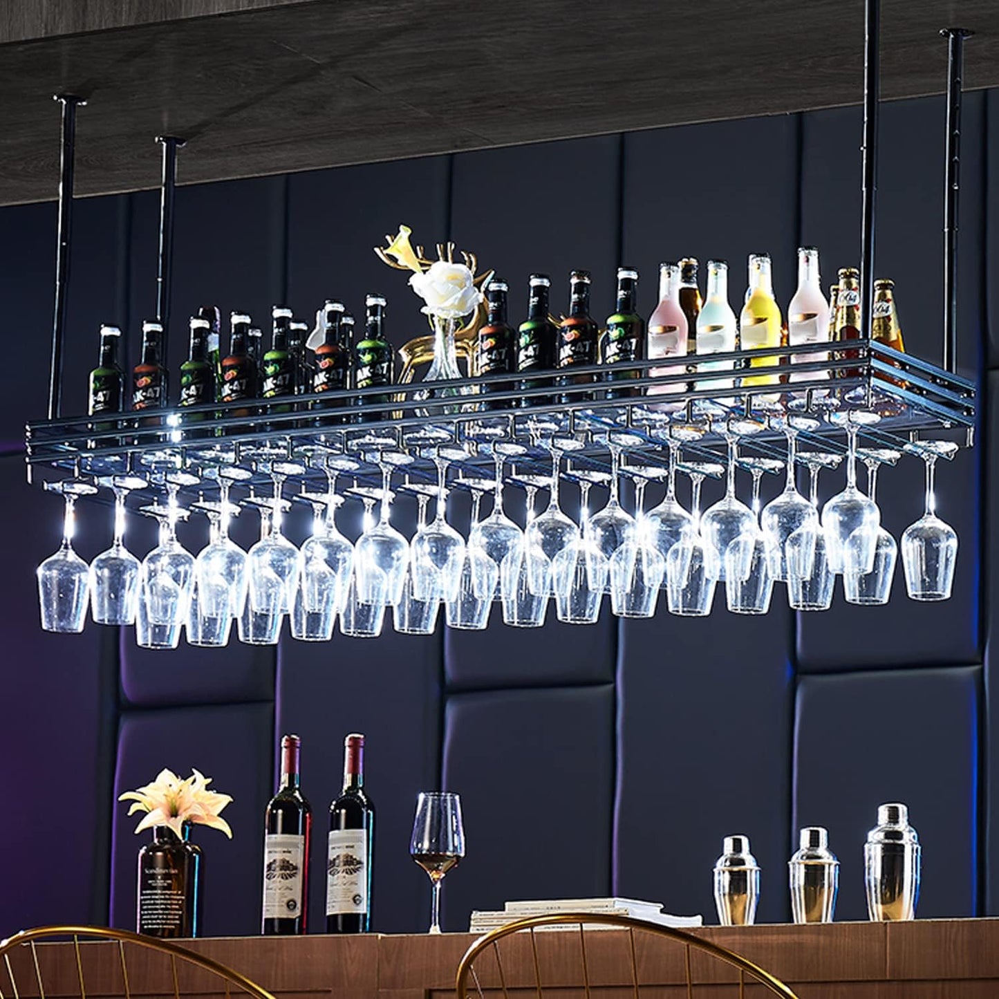 Ceiling Wine Hanger with Acrylic Board - Adjustable Iron Hanging Wine Glass and Bottle Rack - 31.5''x13.8'' Black