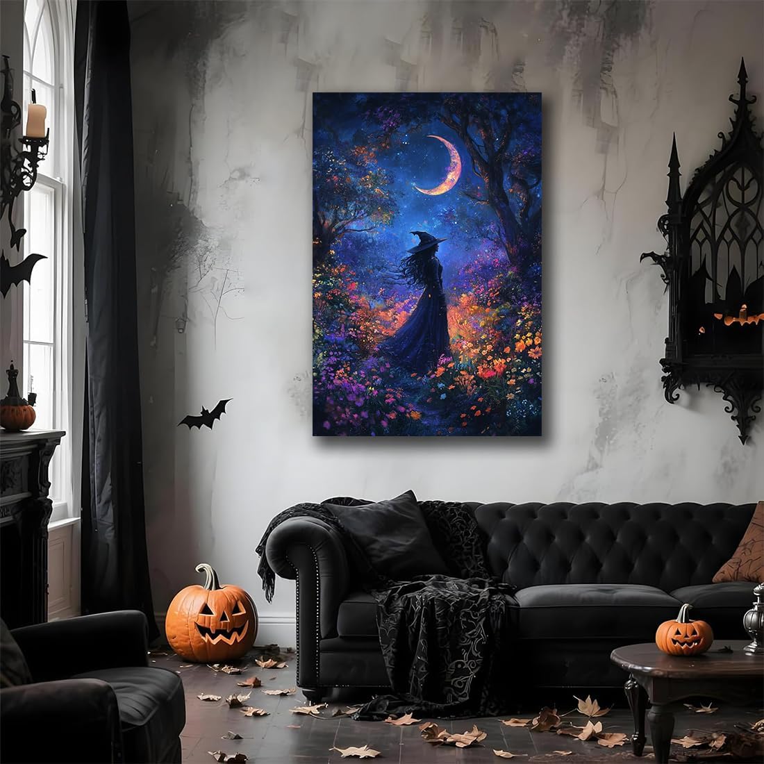 Vintage Halloween Witch Decor Mystic Gothic Wall Art Poster,Enchanting Witch Fall Whimsical Wildflowers Woodland Forest Crescent Moon Picture Art,Creepy Witchy Home Decor,20"x30" Unframed