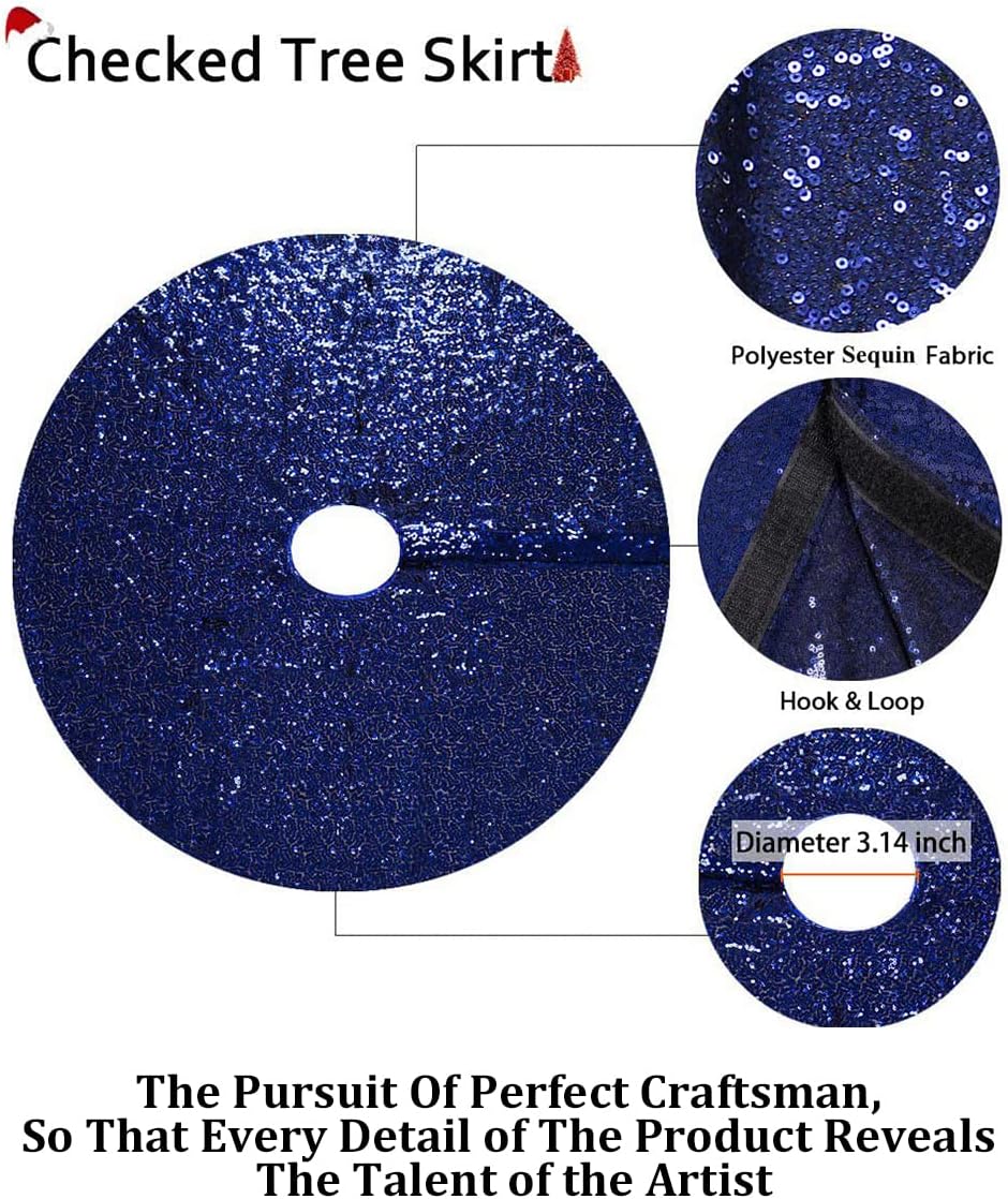 Partisout 48in Navy Blue Sequin Tree Skirt Glitter Colorful Christmas Skirts for Halloween Holiday Celebration Supplies