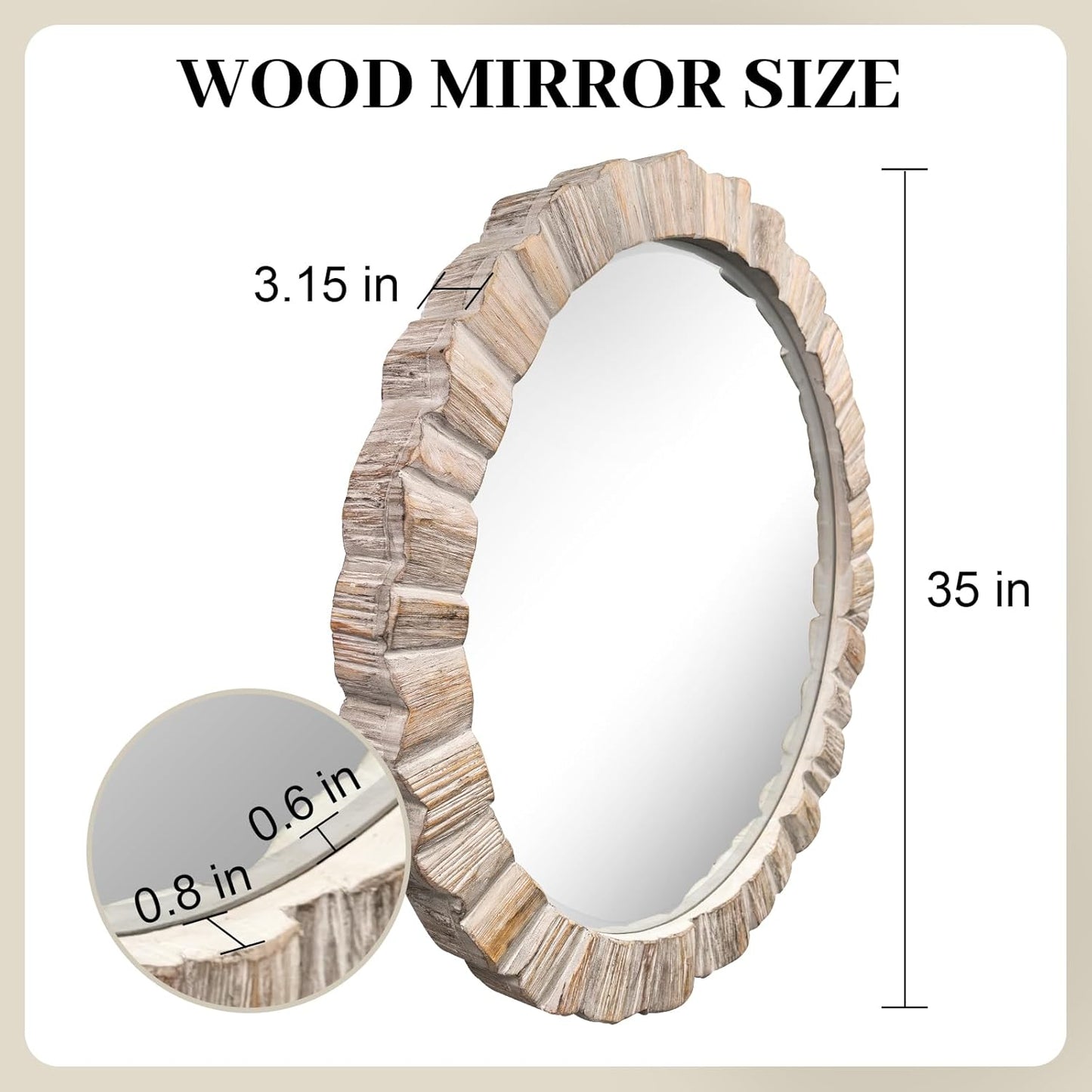 35" Wood Round Mirror, Rustic Wall Mirror with Thick Frame, Large Round Mirrors for Wall Decor, Wooden Circle Beveled Mirrors for Entryway, Farmhouse, Washed White