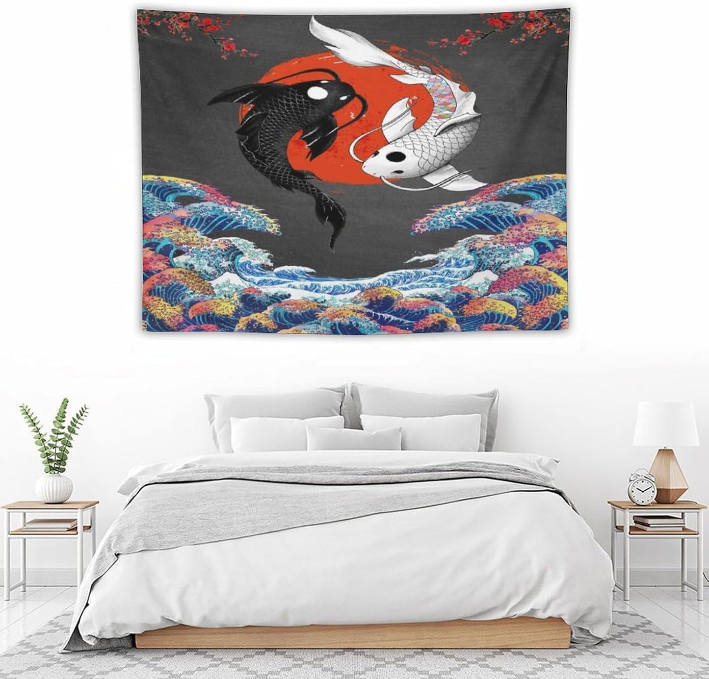 Houselerax Japanese Koi Fish Tapestries, Yin Yang Big Wave Cherry Blossom Tapestry Wall Hanging for Bedroom Living Room Office Decor 40"x30"