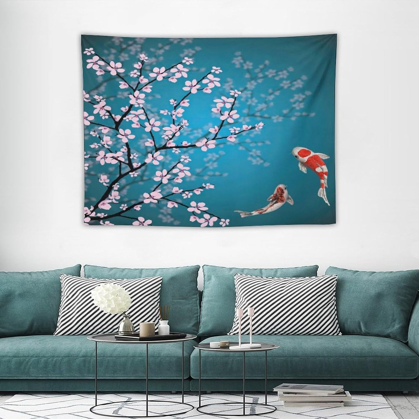 Japanese Koi Fish Tapestry, Cherry Blossoms Asian Oriental Green Teal Flower Branch Koi Fish Carp Tapestries Wall Hanging for Bedroom Living Room Office Decor 40"x30"