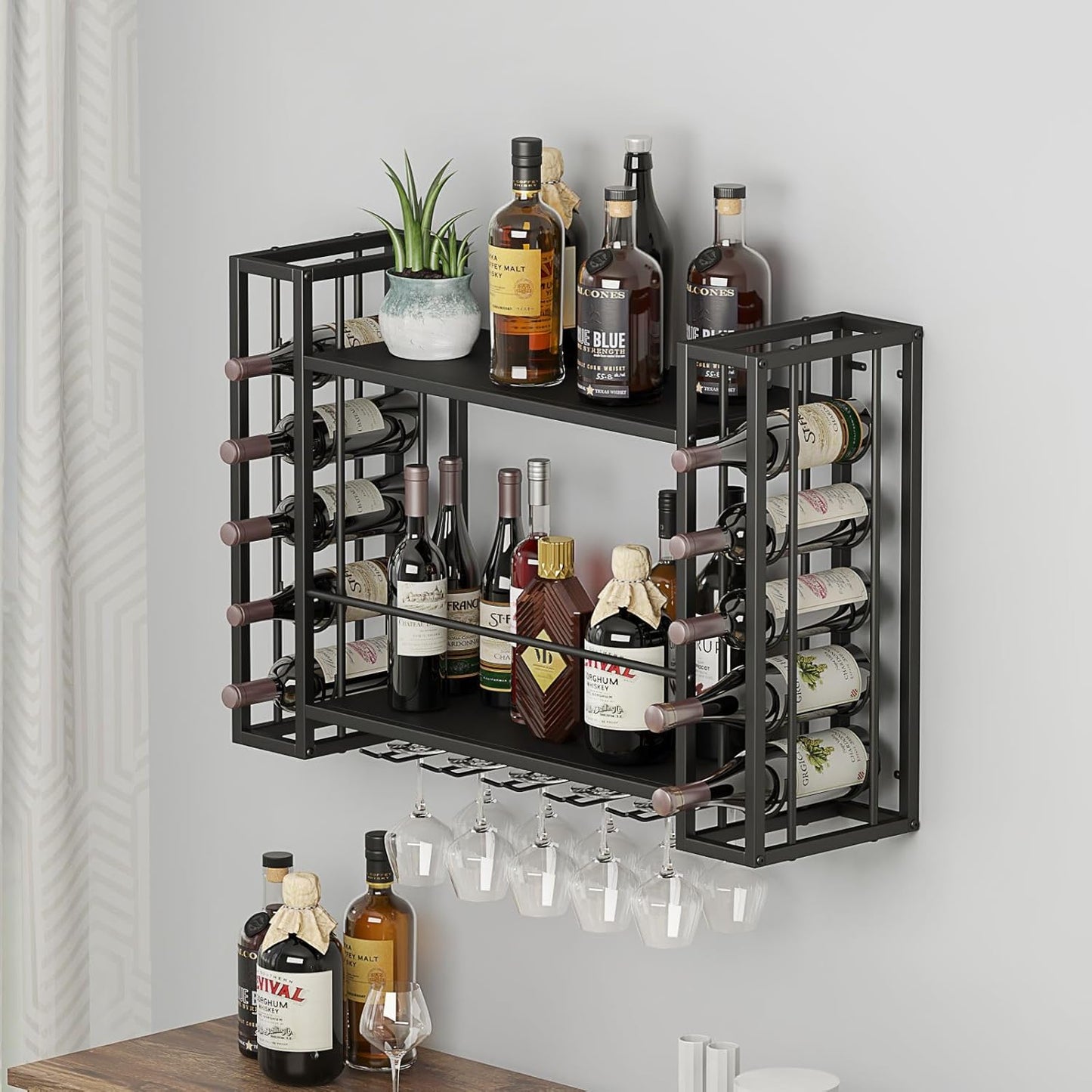 Wall Mounted Wine Rack, Wine Rack Wall Mounted with Wine Glass Rack, 2-Tier Multi-Functional Shelf for Home Restaurant Bar Storage Rack,Black
