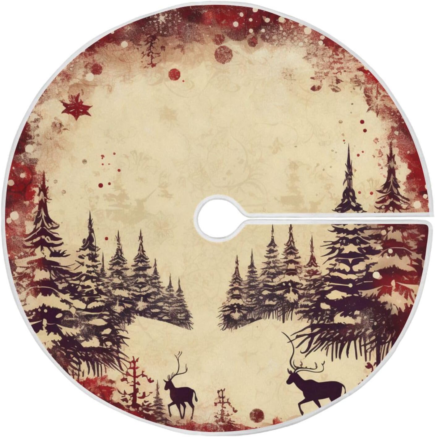 Vintage Red Elk Christmas Tree Skirt - 36 Inch Xmas Tree Mat for New Year Party Decorations