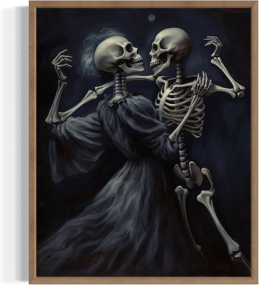 Dancing Skeleton Poster Art Print, Halloween Scary Vintage Wall Art Academia Spooky Painting Decoration for Horror Prints, Gothic Posters Bedroom Decor 89 (Dancing Skeleton, 11 x 14 inches, Wood Frame)