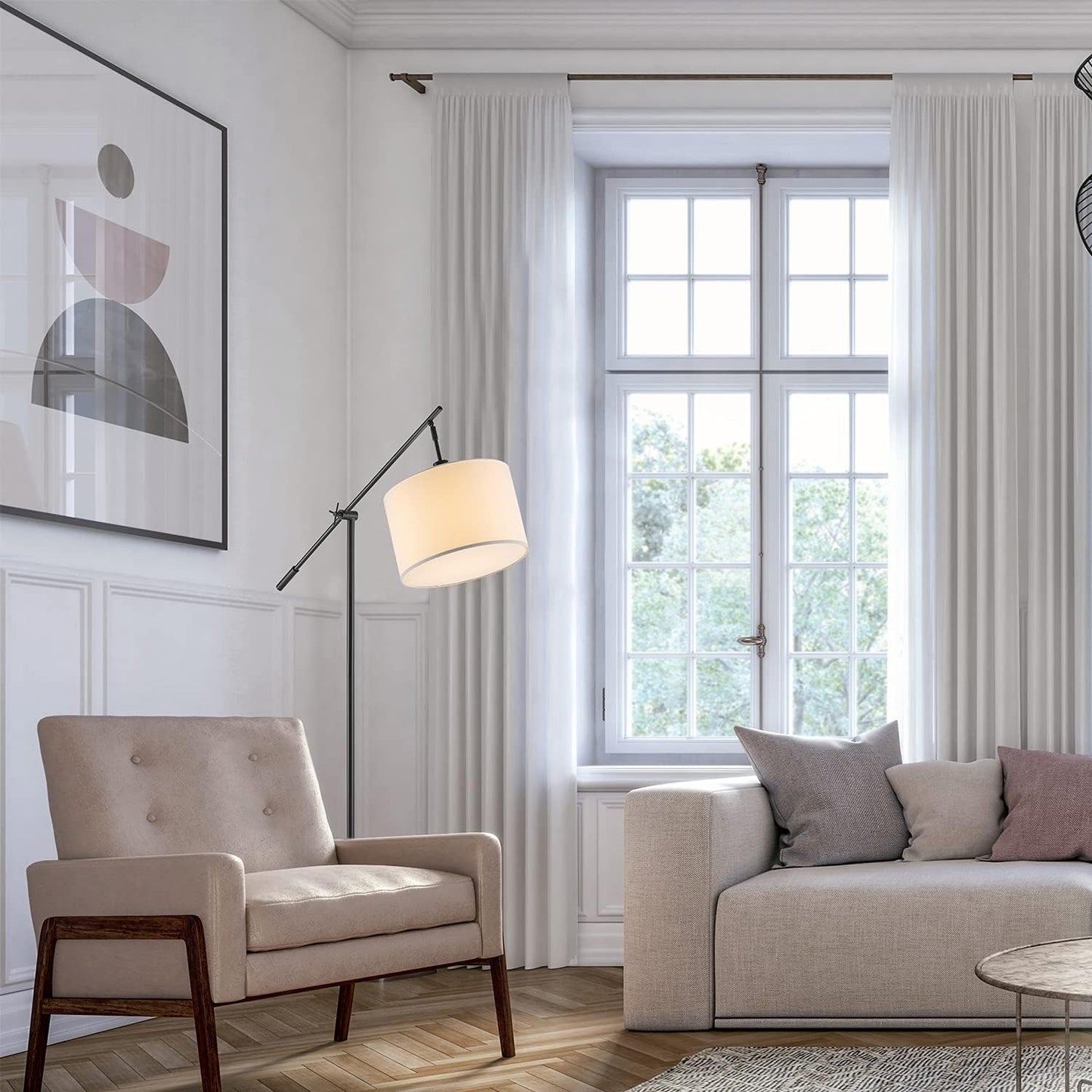 GLOBE Electric 67525 Avellino 66" Floor Lamp, Matte Black, White Linen Shade, Stepless Rotary Dimmer Switch on Socket