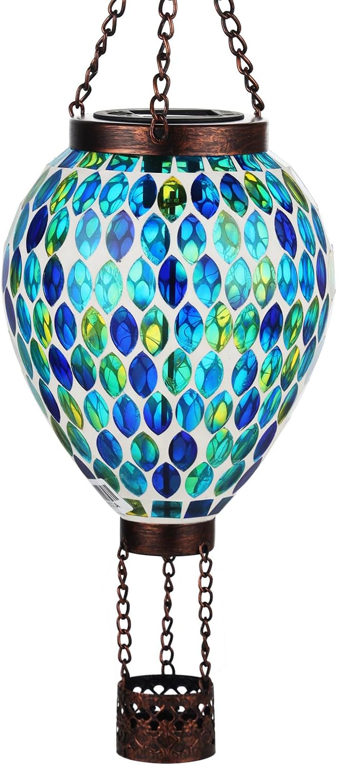 VOREEN Hot Air Balloon Solar Lantern, Mosaic Solar Outdoor Hanging Wind Light, Waterproof, Patio Festive Decor, Gift for Mom Wife Friend, Blue