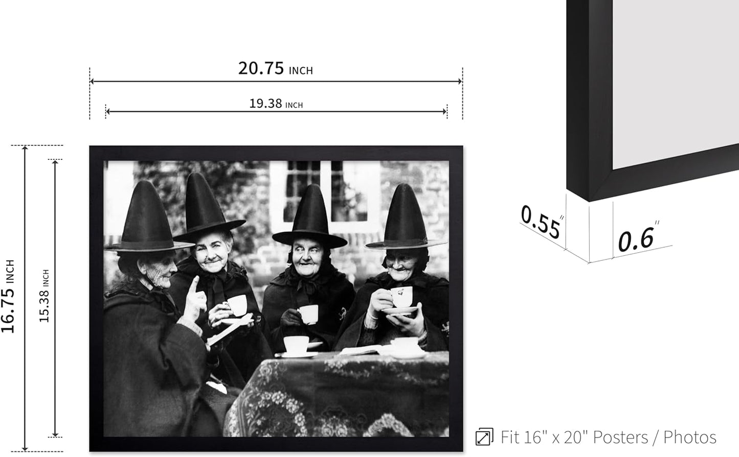 Poster Master Classic Photograph Poster - Vintage Halloween Print - Gift for Artist, Friend - Witches Tea Party, Old Women Smiling, Wearing Robes - Wall Decor for Living Room, 16x20 Black Framed