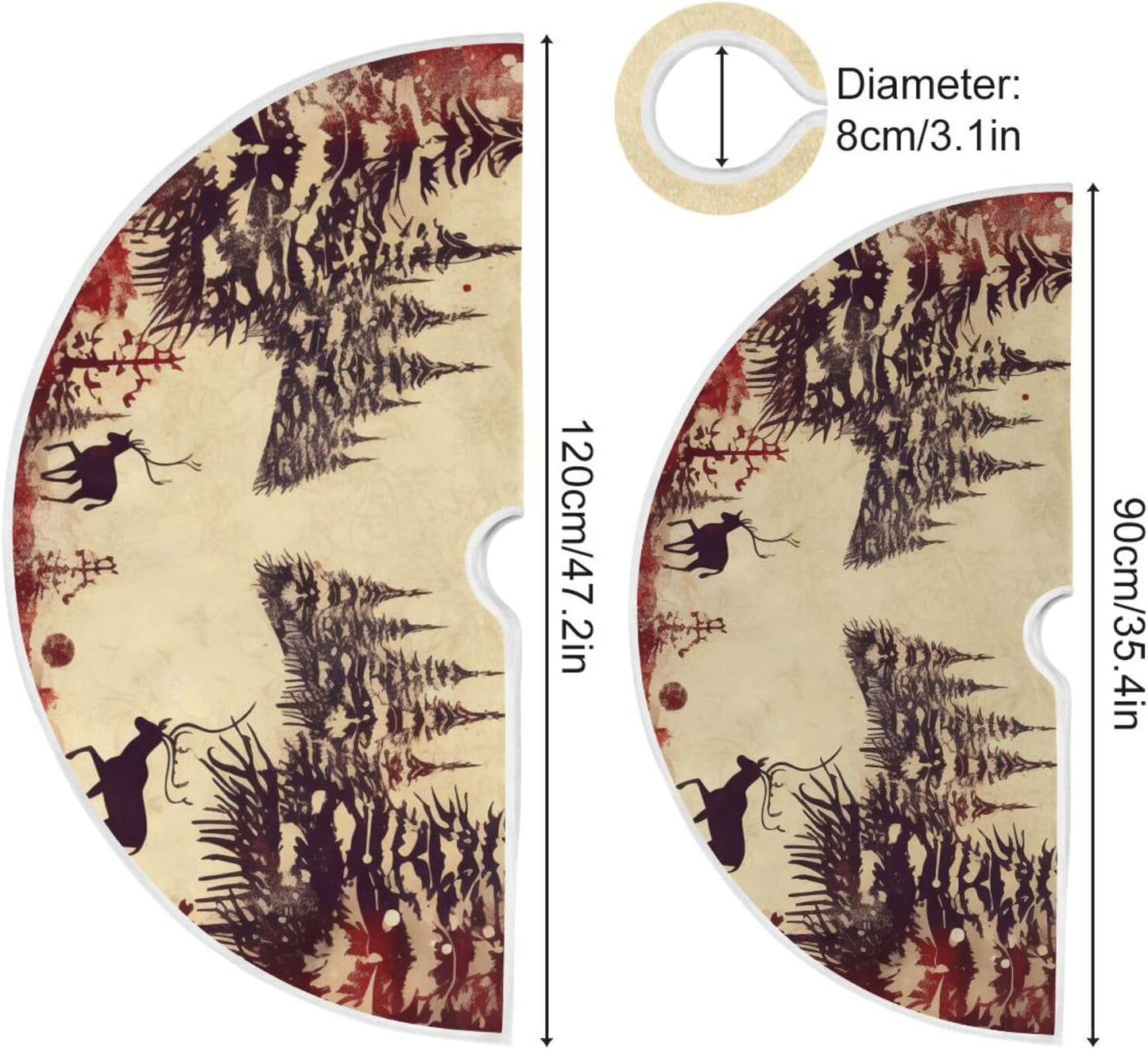 Vintage Red Elk Christmas Tree Skirt - 48 Inch Xmas Tree Mat for New Year Party Decorations