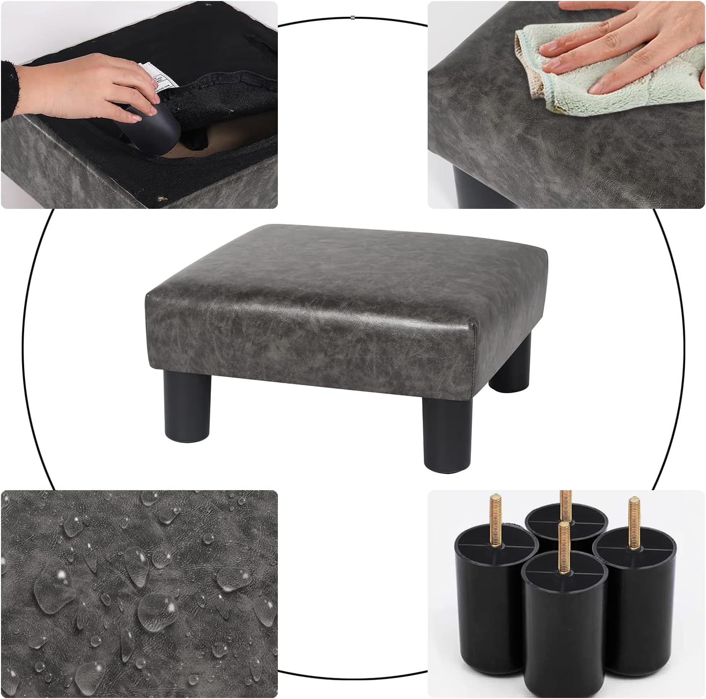 Joveco Small Footstool PU Leather Ottoman Square Footrest Stool Modern Padded Seat Chair for Living Room Bedroom Couch Dogs (Gray)