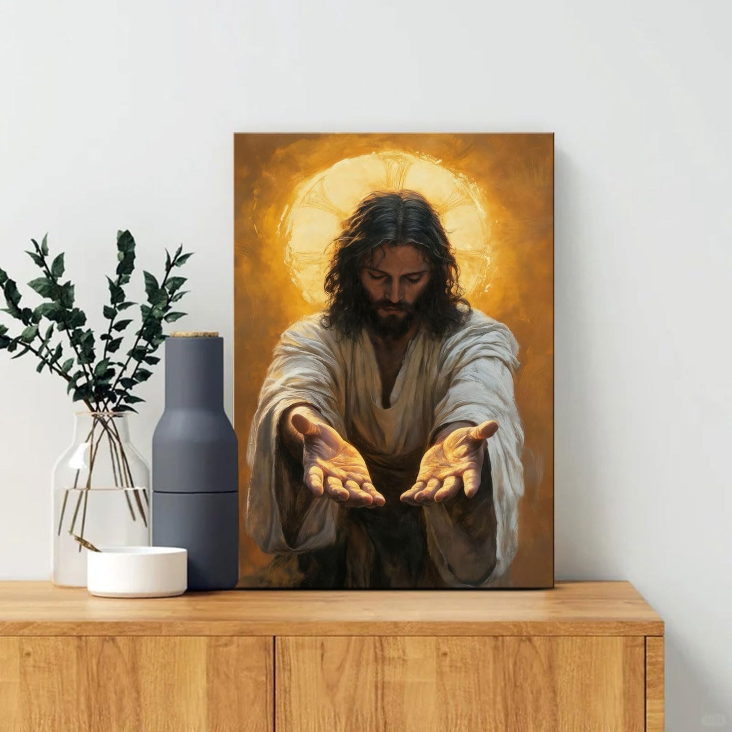 Framed Jesus Canvas Wall Art Painting with Gold Halo Christian Religious Poster Inspirational Christian Gallery Decor Painting Home Church Prayer Room Wall Hanging Print 24x36 Inch Ready to Hang