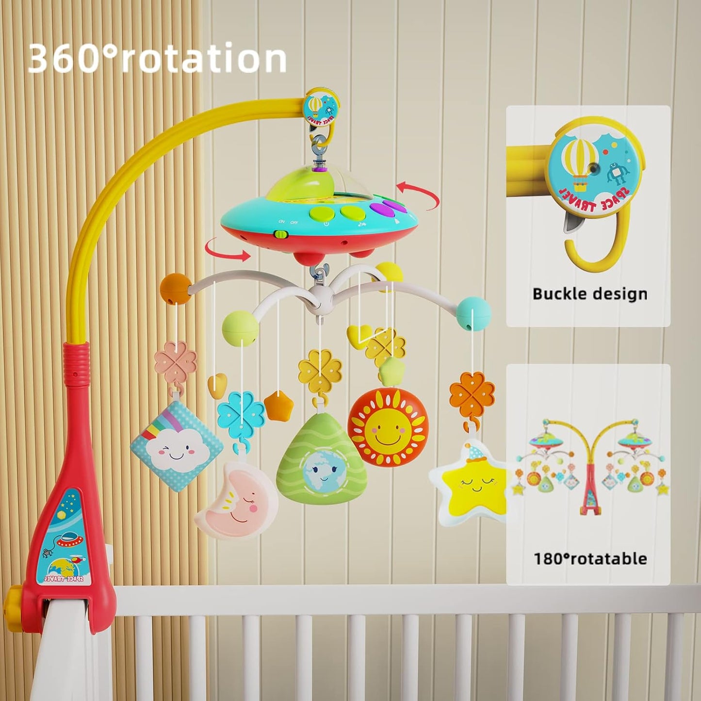 Eners Baby Crib Mobile with Music and Lights, Mobile for Crib with Remote Control, Rotation, Moon and Star Projection, Baby Crib Toys for Boys Girls (Red)