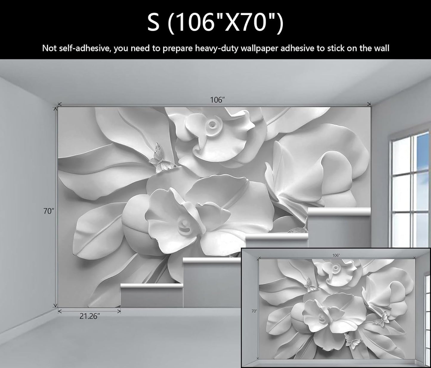 WFBHUA-3d Gray Floral Wallpaper Mural Black and White Embossed Peony Flowers Butterfly Wallpaper for Living Room Bedroom(Not Peel and Stick)