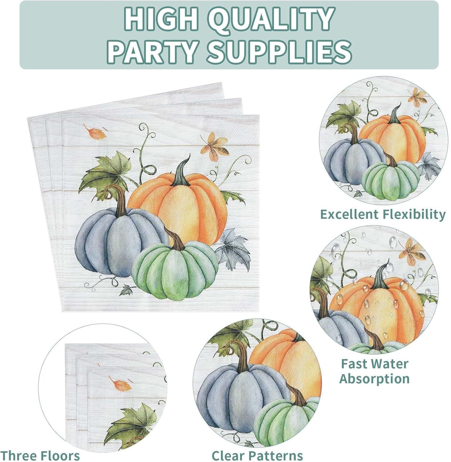 Grencian 200Pcs Fall Plates and Napkins Square Blue Pumpkins Plate Thanksgiving Paper Plates Pumpkin Wood Grain Dinnerware for Baby Shower Fall Harvest Family Thanksgiving Party Decorations, Serves 50