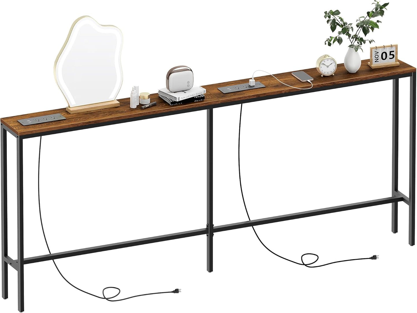 Narrow Sofa Table with 2 Power Outlets, 71” Thin Console Tables Narrow Long, Behind Couch Table Skinny, Wood Console Tables for Entryway, Living Room, Hallway, Foyer, Rustic Brown