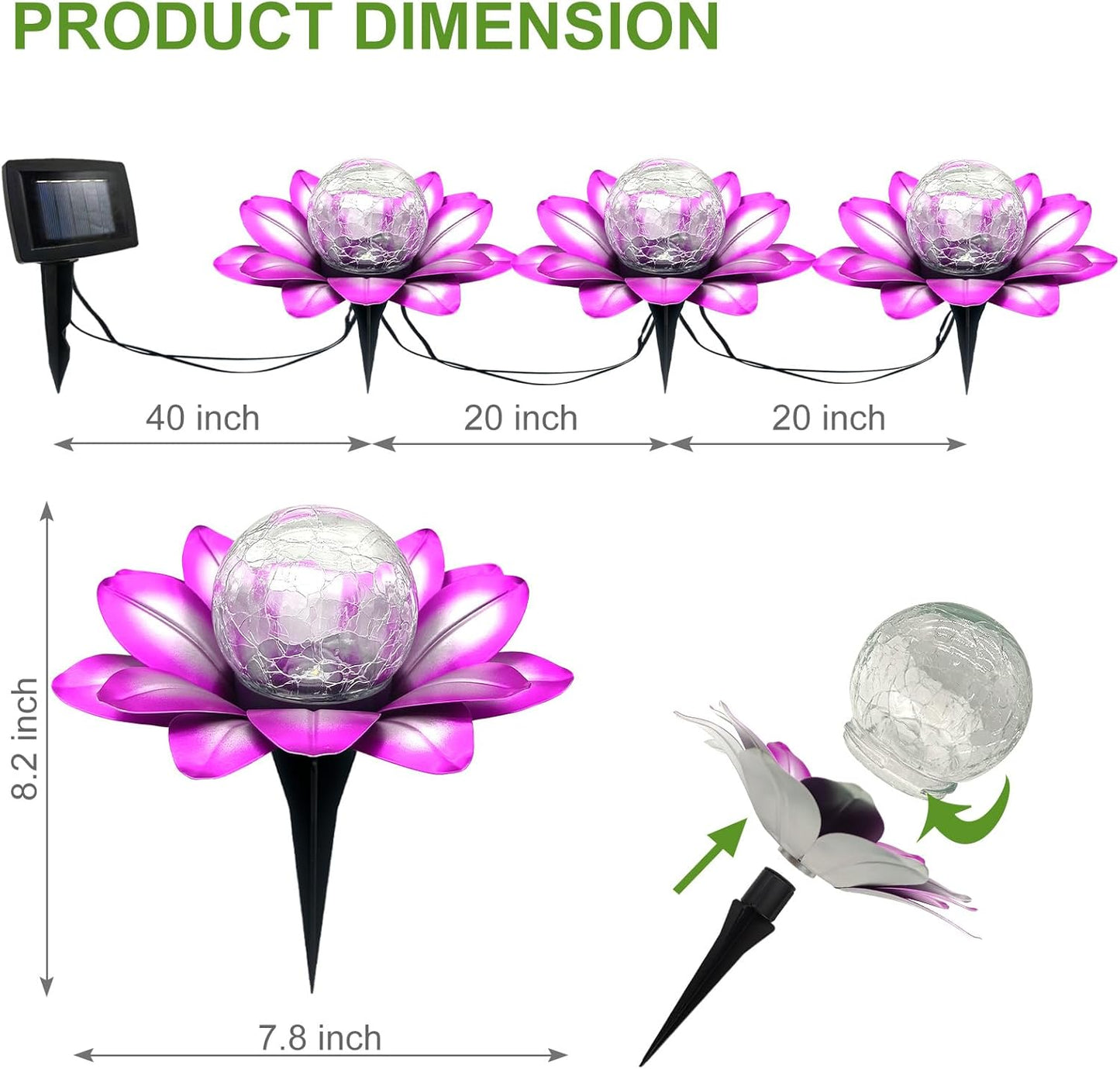 LEWIS&WAYNE Solar Garden Lights Outdoor, 3 Pcs Purple Lotus Flower Pathway Lamps with Cool White Crackle Glass Globe Led Lights for Patio Pathway Yard Balcony Garden Decorations
