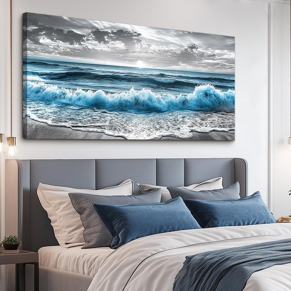 ZUITINGHUA Canvas Wall Art For Living Room Large Wall Decor For Office Bedroom Decorations Sea Wave Landscape Pictures Black And White Painting Artwork Room Wall Mural Aesthetic Home Decor 30x60 In