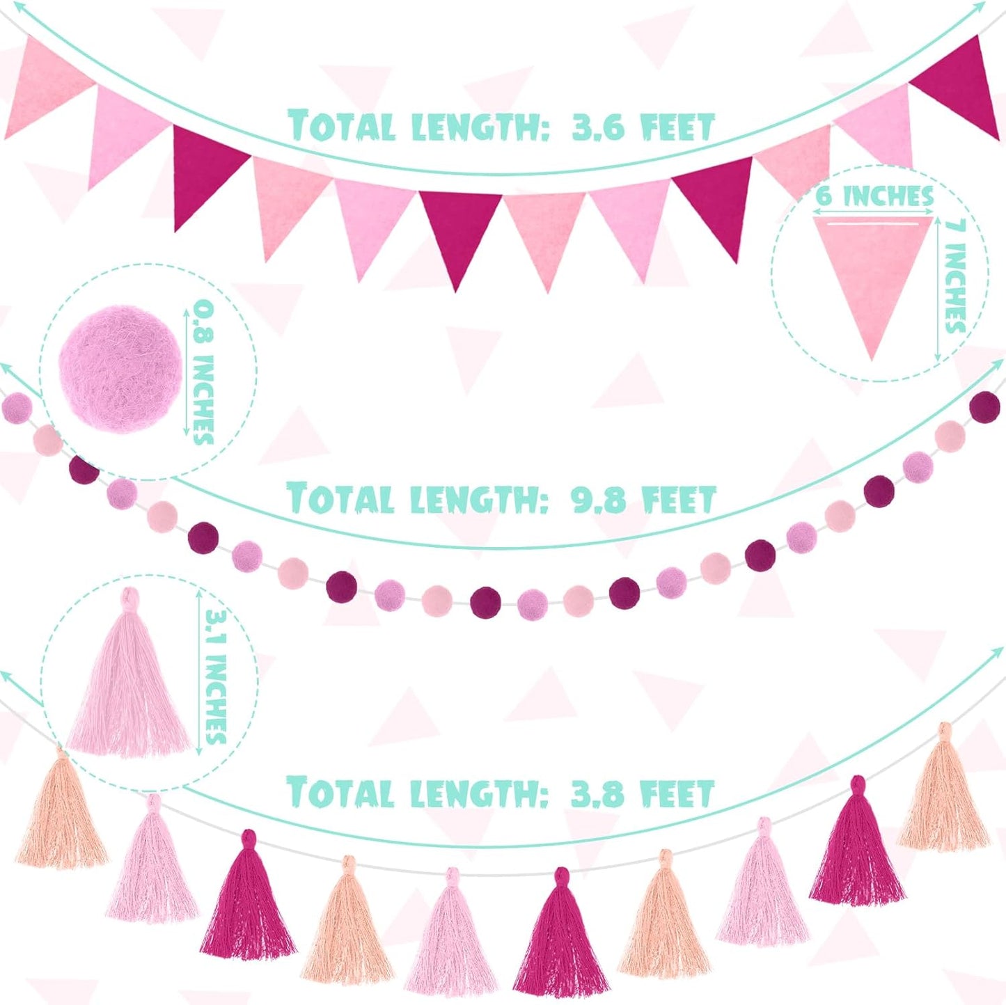 Irenare 9.8 ft Pom Pom Garland Felt Colorful Tassel Banner Christmas Party Pompoms Garland Decorations Felt Pennant Banner for Classroom Home Mantel Fireplace Birthday(Pink)