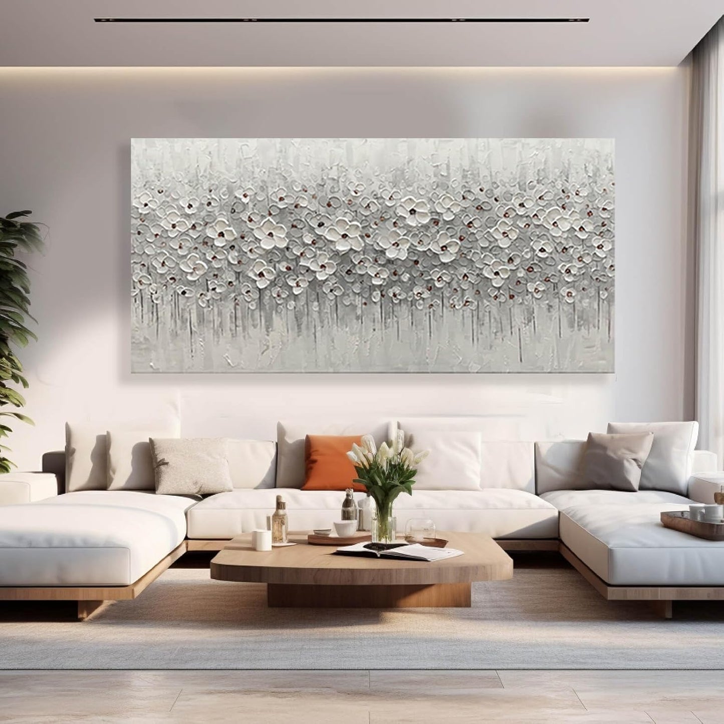 Large Canvas Wall Art for Living Room White Flowers Picture Hand-Painted Oil Painting Framed Artwork Modern Gallery Plant Decor Wall Decorations for Bedroom Bathroom Size 60x30 inch Ready to Hang