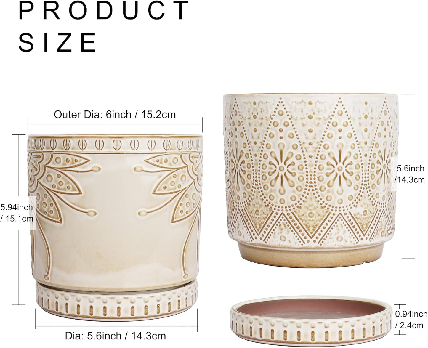 6 Inch Indoor Plant Pots with Drainage Holes and Saucers, Ceramic Planter for Plants, Flower Pot - Set of 2