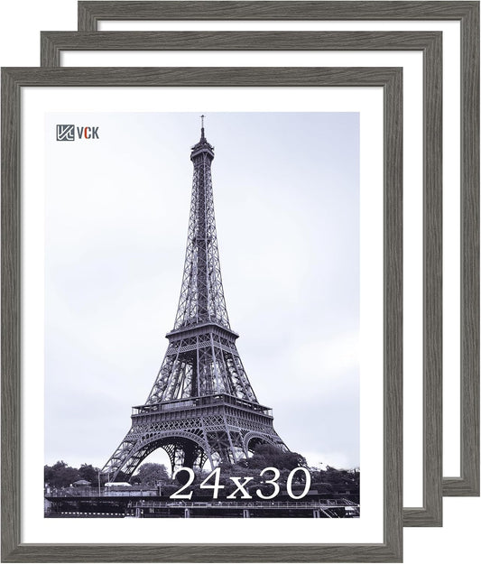 VCK 24x30 Frame Set of 3, Gray Solid Wood Poster Picture Frame, Exclusive Wood Grain, Wall Mounting Hanging