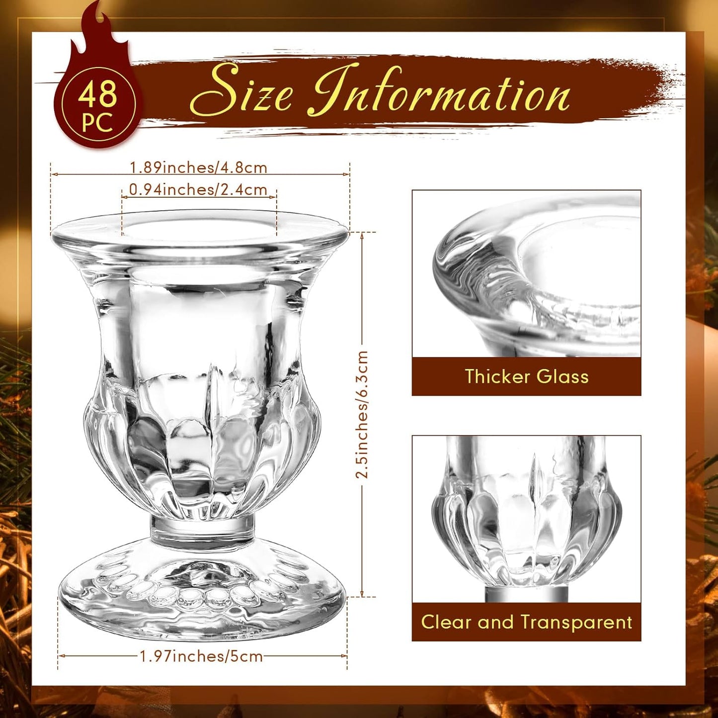 Foaincore 48 Pcs Glass Candlestick Holders Bulk 2.5 Inch Taper Candle Holders Small Ritual Candle Stand Table Centerpieces for Wedding Christmas Valentine's Festival Party Dining Decorations