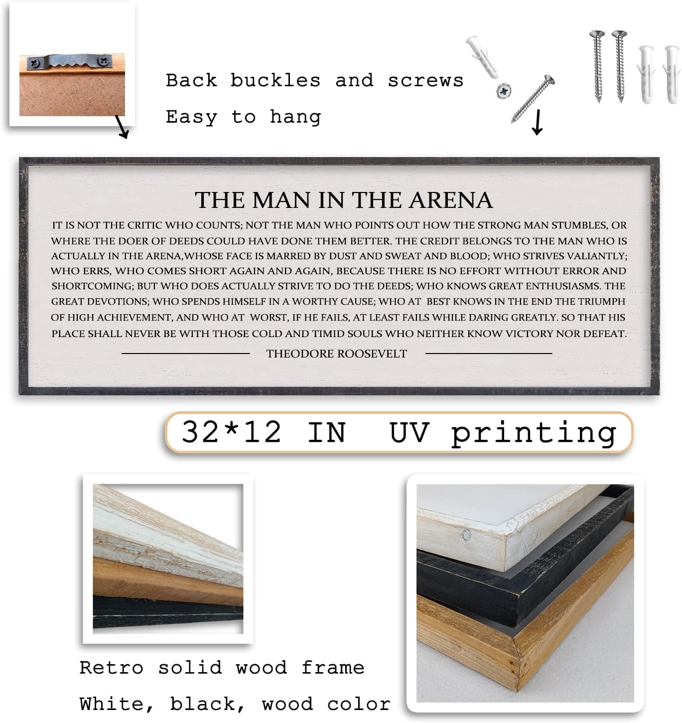 LuZhiQiang The Man in the Arena Wall Decor 32''x12'' Inspirational Quotes Office Wood Framed Sign Rustic Home Motivational Art For Man Entrepreneur Morden Living Room Wall Hanging Decor (Black)