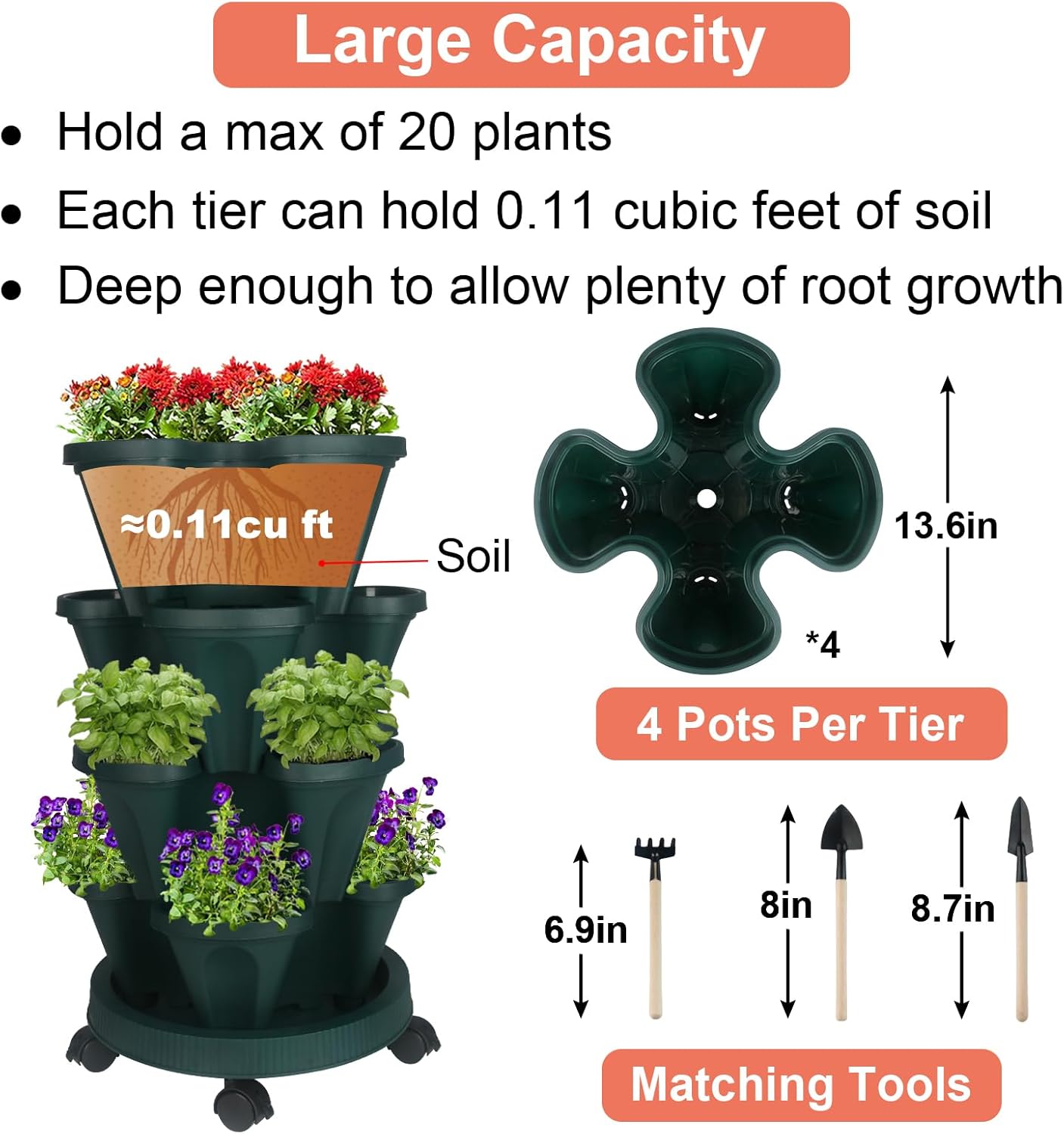 Vertical Planter 4 Tier Stackable Planters Garden Planters Strawberry Herb Flower and Vegetable Planter Indoor Outdoor Gardening Pots with Removable Wheels and Tools 2-Pack