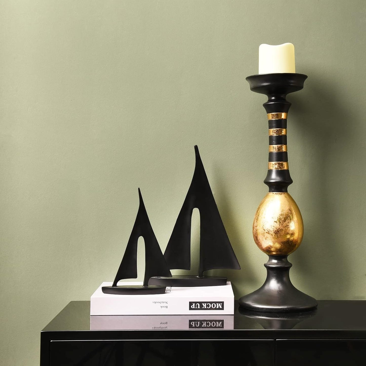 Modern Sculptures Home Decor, Sailboat Decor Ornament, Boat Decorations Statue Decor, Art Sculptures and Statues, Sailboat Gifts Home Office Bathroom Shelf Decor (Black-2 Pack)